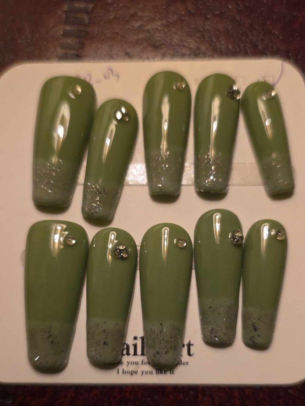 Olive Green Rhinestone Press-On Nail Set - Size Large